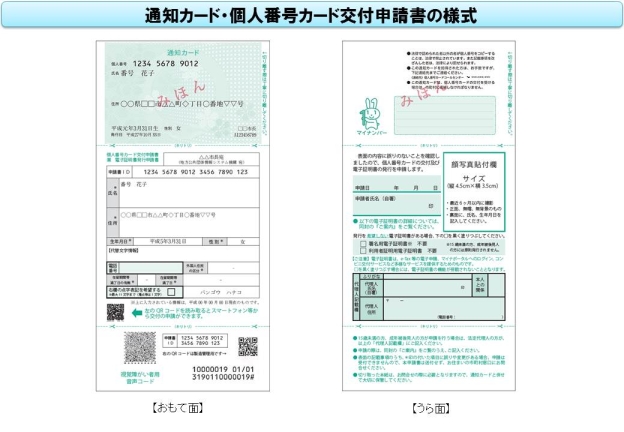 通知カード、個人番号カード交付申請書の様式について、見本となる画像を表示しています。
